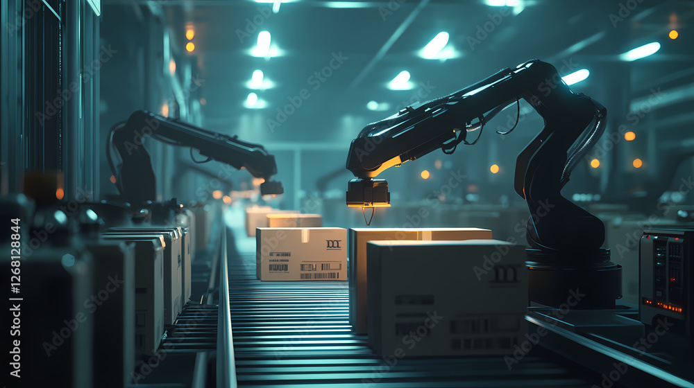 Poster automated warehouse: futuristic robotic arms precisely handle cardboard boxes on a conveyor belt in 