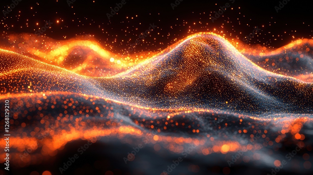 Poster abstract visualization of glowing waves and particles in a dark space.