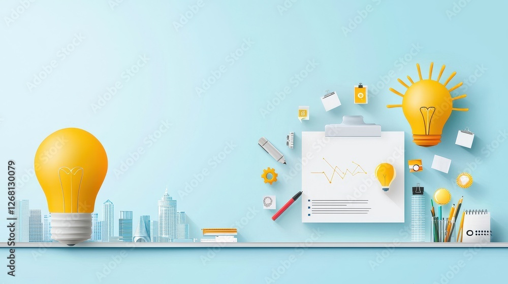 Poster bright flat design infographic with light bulbs and creative elements for clean structured display