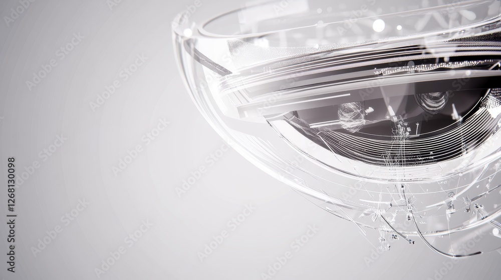 Poster a close-up of a transparent, futuristic object with intricate details.