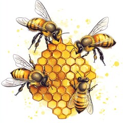 Honeybees on honeycomb, artistic illustration, watercolors