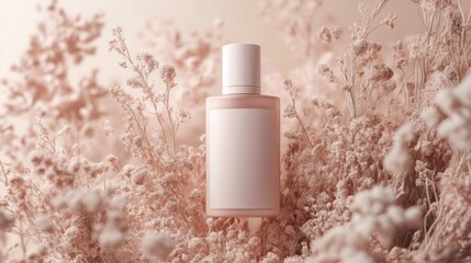 Perfume Bottle Mockup Surrounded by Dried Flowers in Warm Light Studio Setup