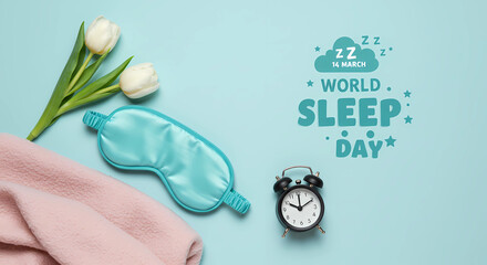 Alarm clock, towel and flowers on a light blue background in celebration of World Sleep Day, generative ai