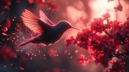 Fototapeta premium A tiny hummingbird hovering near a red flower, high-speed capture