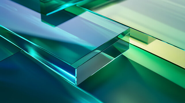 Transparent glass blocks with green and blue reflections. Abstract material design and geometric background