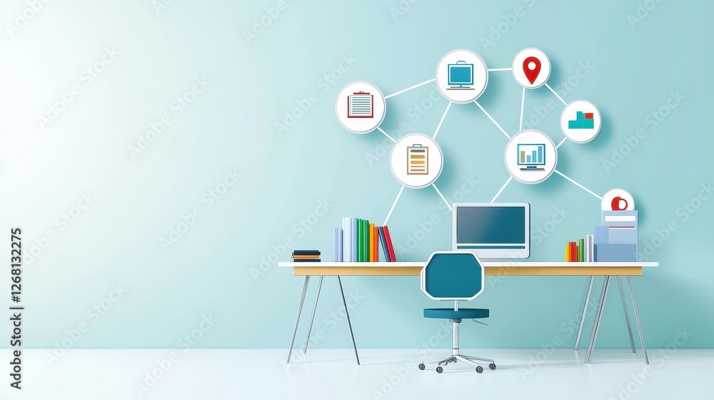 Poster creative flat design infographic illustrating a modern workspace with technology and data visualizat