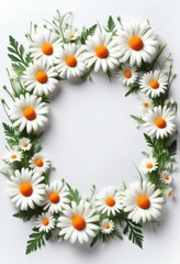 Obraz premium Blumiger Rahmen aus weißen Gänseblümchen mit grünen Blättern auf weißem Hintergrund, ideal für Grußkarten oder Frühlingsdesigns mit viel Platz für Text. Generative KI
