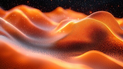 Obraz premium Abstract wavy landscape with glowing orange hues and a starry background.