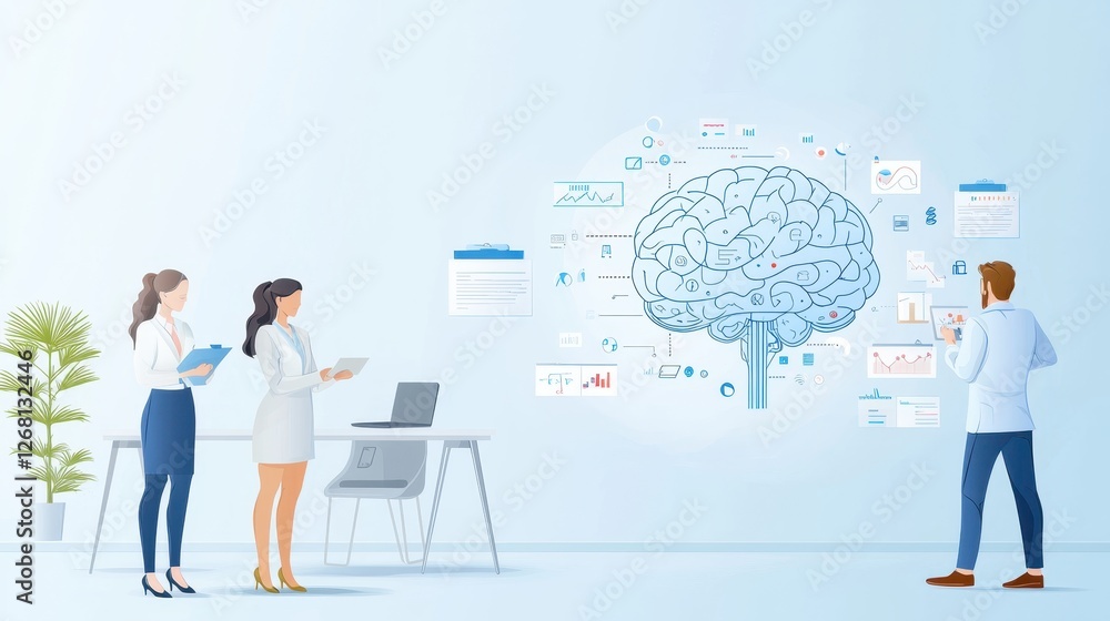 Poster engaging flat design infographic featuring brain concept with business people analyzing data on mode