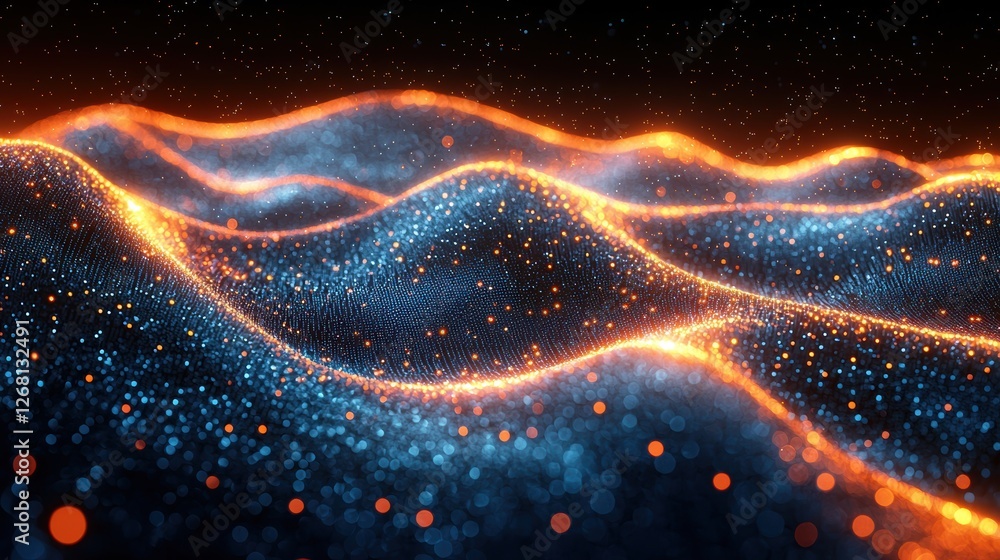 Poster abstract representation of flowing waves with glowing particles.