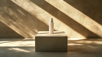 White Cosmetic Bottle on Concrete Block with Shadow Line Patterns and Beige Background