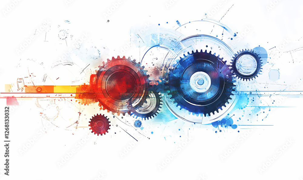 Poster abstract gears and splashes: a vibrant abstract composition featuring interlocking gears with splash