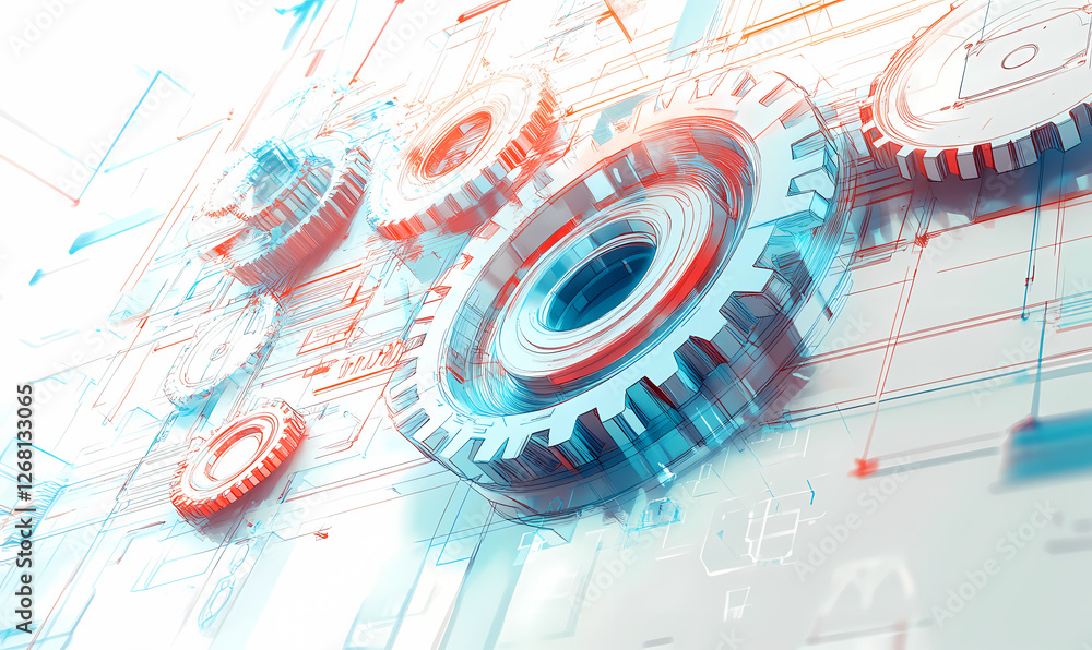 Poster abstract gears in motion: an intricate network of gears, rendered in a mesmerizing abstract style, s