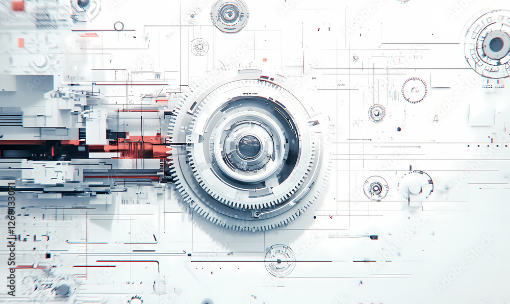 Aufkleber abstract technology mechanism: intricate gears and mechanical components interlock in a futuristic, 
