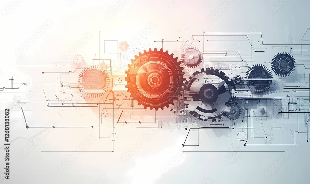 Poster precision engineering: intricate network of gears and cogs, detailed technical design, mechanism, in