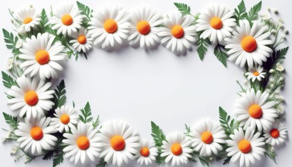 Obraz premium Blumiger Rahmen aus weißen Gänseblümchen mit grünen Blättern auf weißem Hintergrund, ideal für Grußkarten oder Frühlingsdesigns mit viel Platz für Text. Generative KI