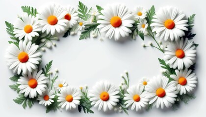 Obraz premium Blumiger Rahmen aus weißen Gänseblümchen mit grünen Blättern auf weißem Hintergrund, ideal für Grußkarten oder Frühlingsdesigns mit viel Platz für Text. Generative KI