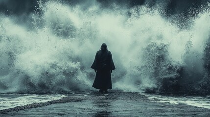 Obraz premium Solitary Figure Facing Immense Crashing Waves