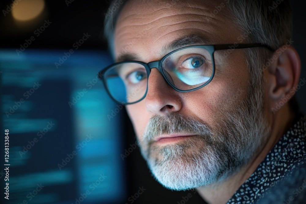 Poster man wearing glasses in front of computer screen.