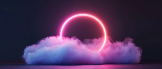 neon circle with clouds on dark background