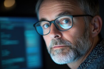 Man wearing glasses in front of Computer Screen.