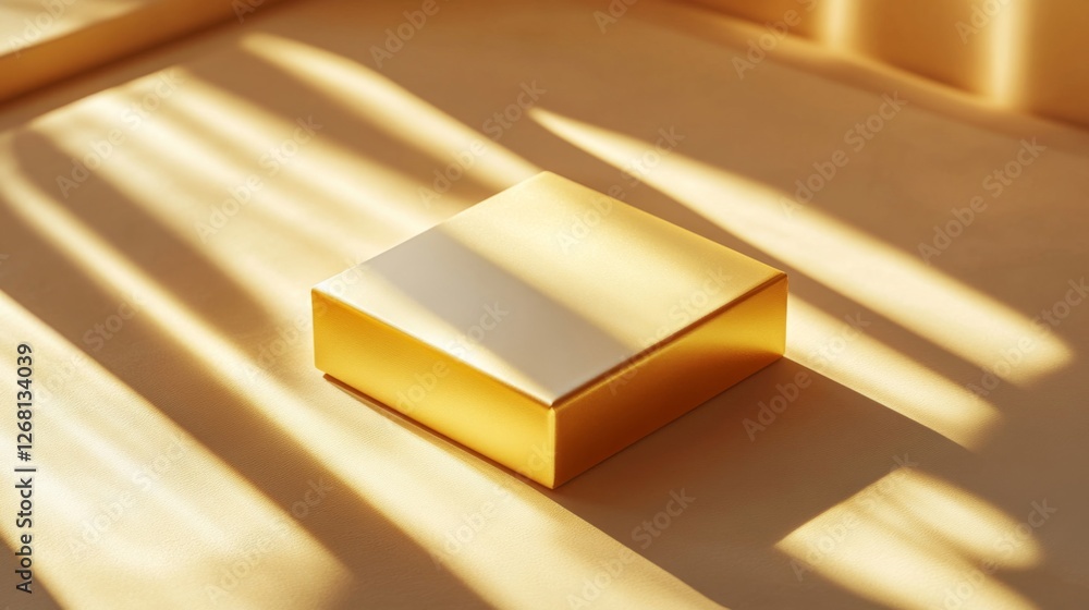 Poster golden cube casting geometric shadow on beige surface in a minimal style