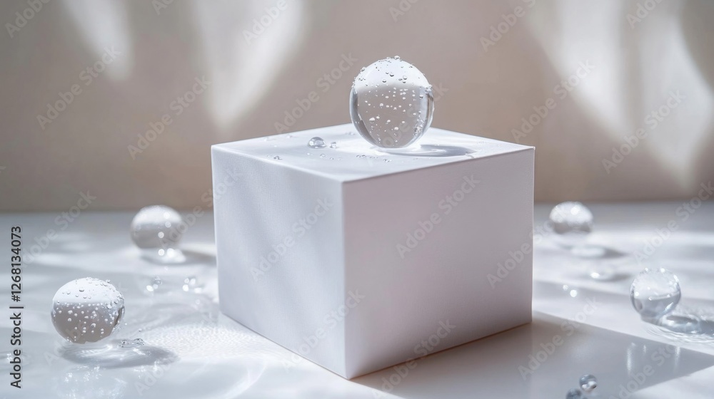 Poster crystal spheres on white cube surface with light and shadow in white background