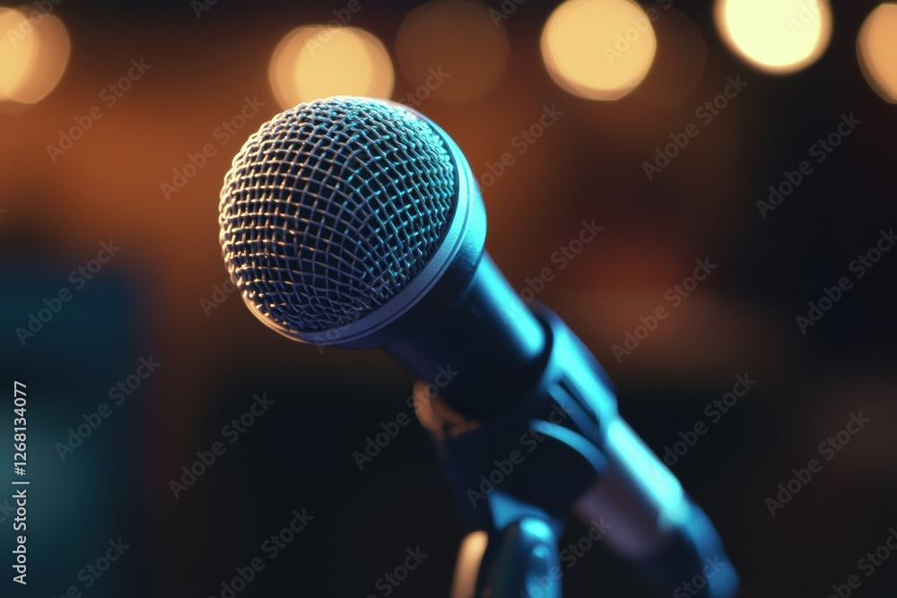 Leinwandbilder close up of a microphone ready for a live performance in a dimly lit venue during the evening. gener