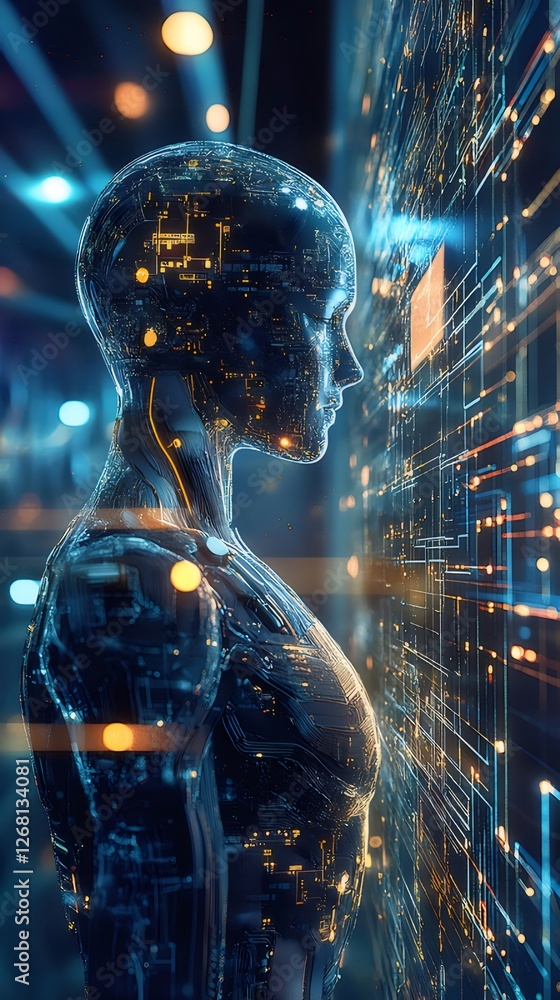 Poster ai humanoid interacts with digital data stream