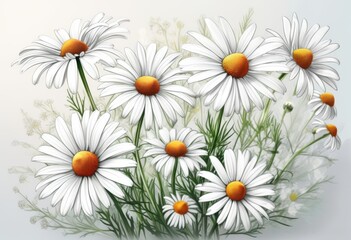 Fototapeta premium Schöne Illustration von weißen Gänseblümchen mit leuchtend gelben Blütenmitten und sattem grünen Laub, perfekt als frisches Frühlingsmotiv. Generative KI