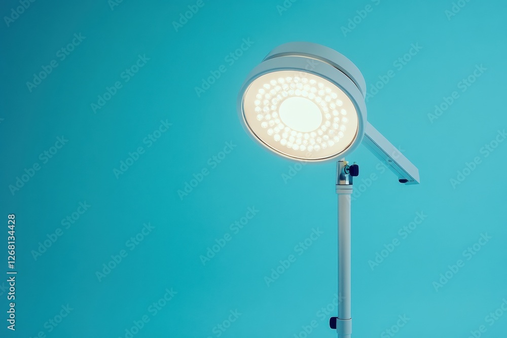 Poster bright examination light on a stand with a minimalist design and a blue background in a clinical set