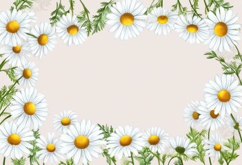 Fototapeta premium Blumiger Rahmen aus weißen Gänseblümchen mit grünen Blättern auf weißem Hintergrund, ideal für Grußkarten oder Frühlingsdesigns mit viel Platz für Text. Generative KI