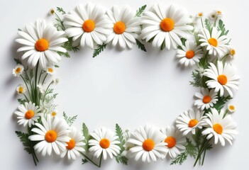 Obraz premium Blumiger Rahmen aus weißen Gänseblümchen mit grünen Blättern auf weißem Hintergrund, ideal für Grußkarten oder Frühlingsdesigns mit viel Platz für Text. Generative KI