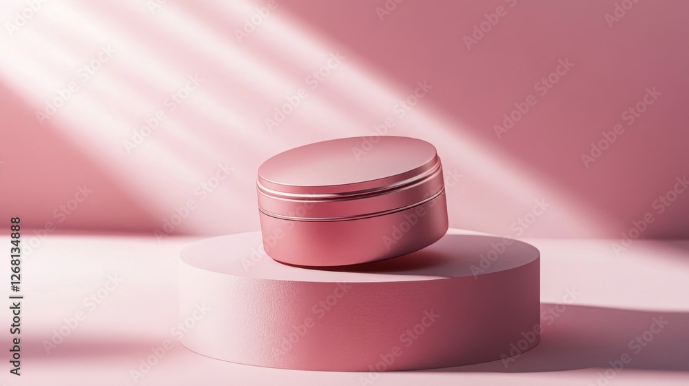 Poster pink cosmetic container displayed on round podium with soft light and shadow in studio
