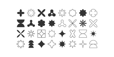 Postmodern geometric abstract shapes, Retro design symbols in Y2K. Brutalist vector shapes, trendy retro design symbols in Y2K style. Geometric shapes set.