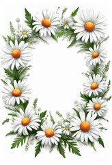 Blumiger Rahmen aus weißen Gänseblümchen mit grünen Blättern auf weißem Hintergrund, ideal für Grußkarten oder Frühlingsdesigns mit viel Platz für Text. Generative KI
