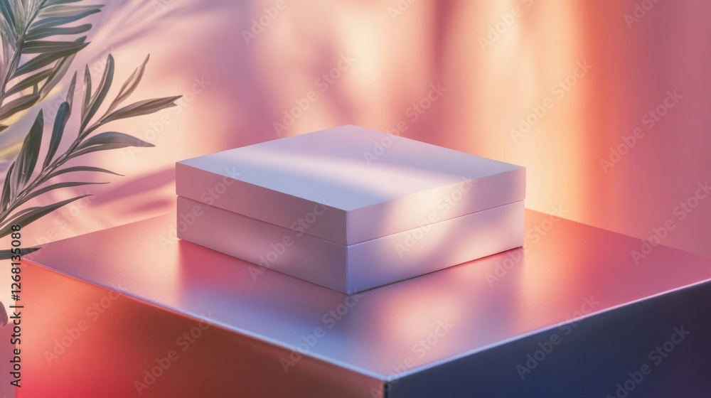 Poster elegant square box product display on metallic cube with leaf shadows and soft lighting