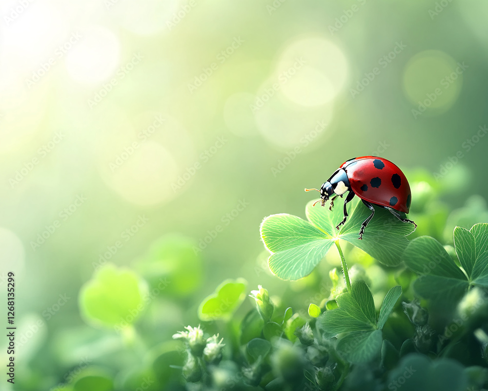 Aufkleber a ladybug resting on a four-leaf clover in a lush green garden with soft sunlight. the image symboli