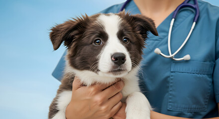 Veterinary Technician Holding a Puppy for Examination - A close-up view of a caring veterinary technician holding a fluffy, adorable Border Collie puppy.