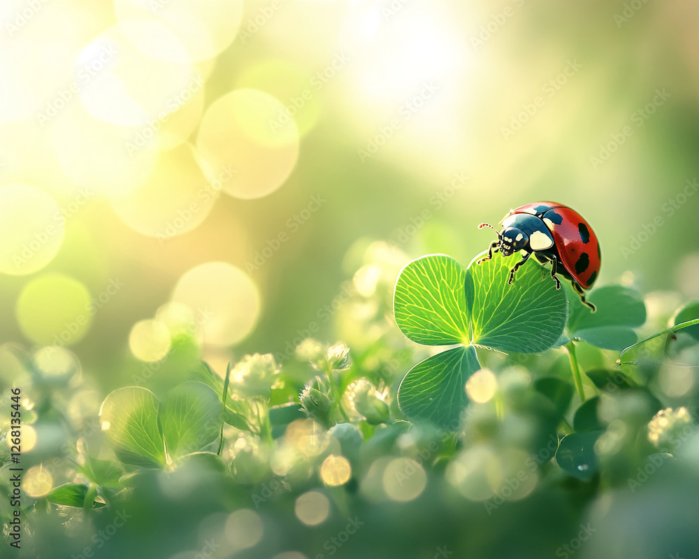 Poster A ladybug on a three-leaf clover in a vibrant green field with bokeh background, symbolizing good luck, nature, and the beauty of springtime, evoking feelings of serenity.