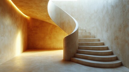 Naklejka premium A modern, illuminated spiral staircase in a minimalist interior space.