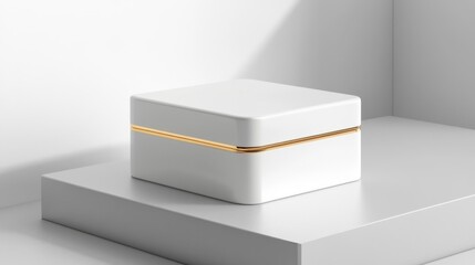 White Square Product Box with Gold Trim on Podium Against White Background