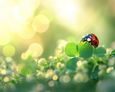 A ladybug on a three-leaf clover in a vibrant green field with bokeh background, symbolizing good luck, nature, and the beauty of springtime, evoking feelings of serenity. - Powered by Adobe