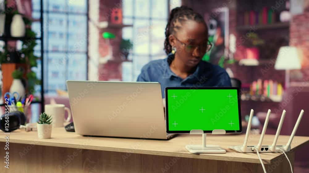 Poster african american female freelancer browse troubleshooting guide next to copy space, working on debug