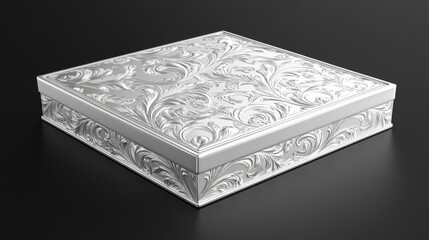 Silver Ornate Box with Intricate Floral Pattern on Dark Background Surface