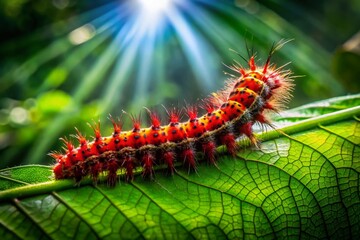 Fototapeta premium Aerial Drone Shot: Vibrant Red Caterpillar in South American Rainforest Canopy