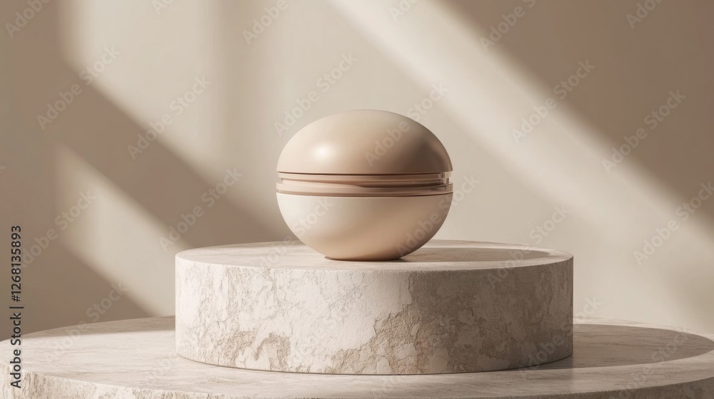 Poster minimalist beige sphere on stone cube platform with shadow patterns and neutral background