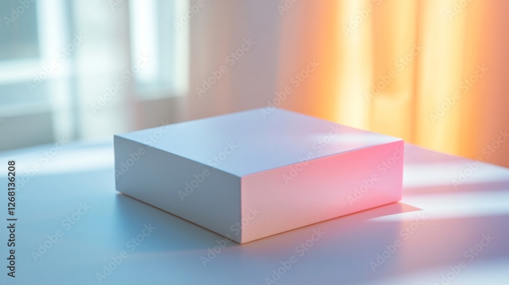 Poster white cube on white table with soft lighting and minimalist background design
