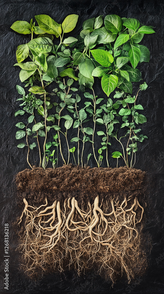 Poster a cross-sectional view of various plants showing the growing roots beneath the soil, symbolizing the