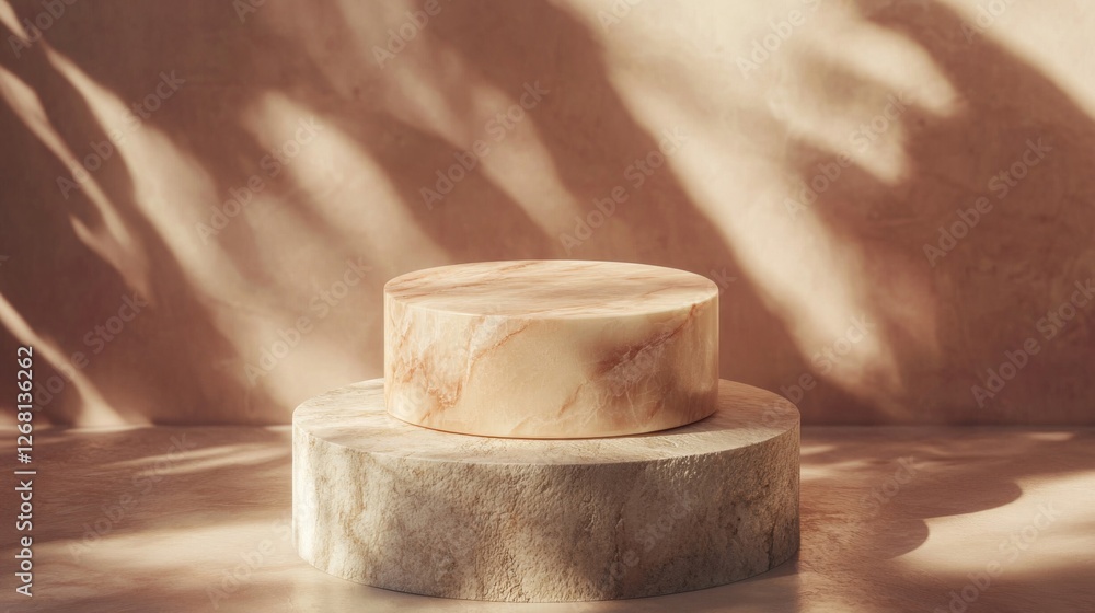 Poster elegant stone marble podium on beige surface with abstract shadows and display block